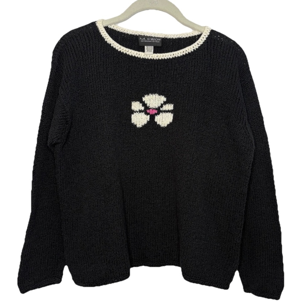 Vintage M. Gibson Contemporary Sweater Black Chenille Y2K Flower Women's M